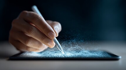 Businessman using stylus pen drawing futuristic plexus structure on tablet, representing innovative technology, artificial intelligence, and business solutions in digital age