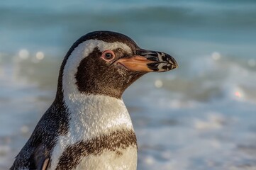 Detailed shot of a penguin by the shoreline