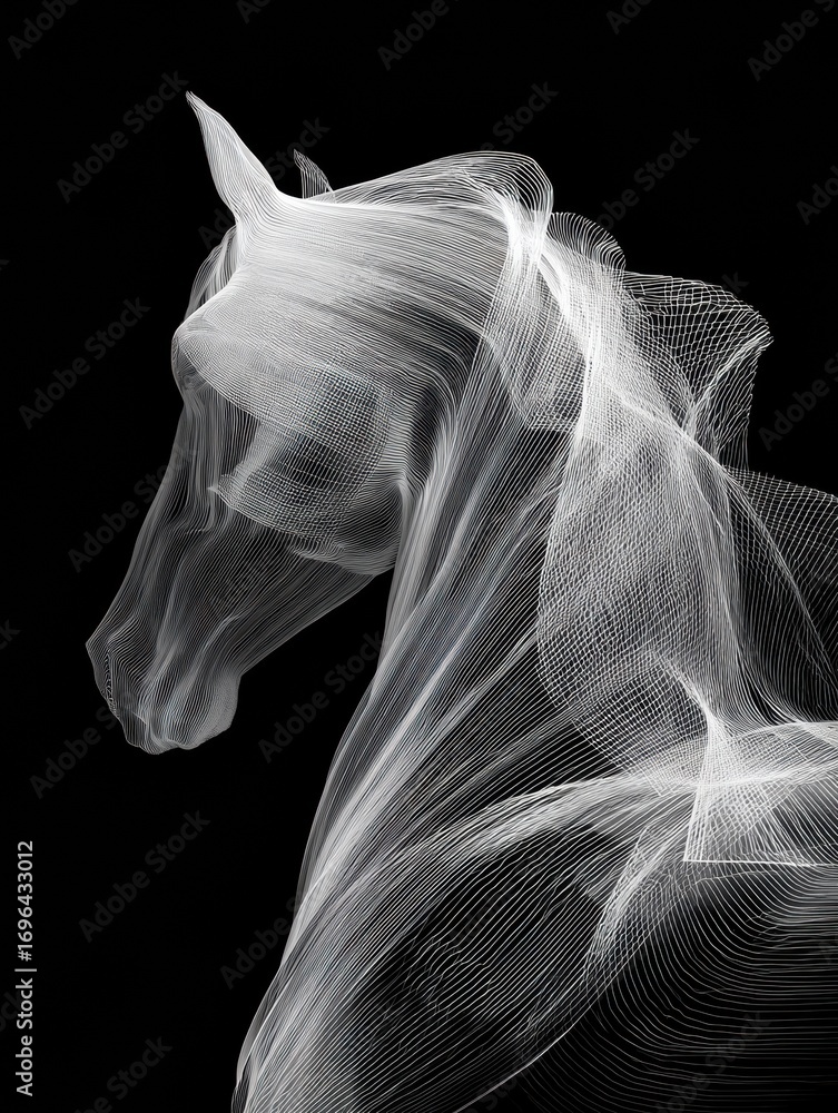 Poster artistic representation of a unicorn created with delicate flowing lines on a black background