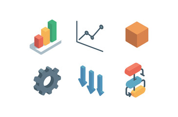 isometric icon items isolated on white background representation chart box diagram lines cube model gear cog flow arrows
