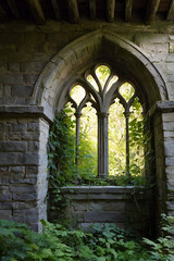 Fototapeta premium Ruins of a gothic cathedral with arches filled with sunlight. Historical background. Medieval atmosphere. Mysticism.