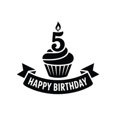Happy birthday cupcake with number five candle and banner