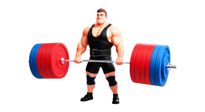 cartoon weightlifter powerful deadlift, intense focus, peak strength, gym motivation, athletic powerhouse, isolated on transparent background