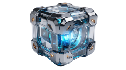 Futuristic Cube Design: A modern, metallic cube glows with a vibrant blue energy core. The image highlights cutting-edge design, technological prowess, and an air of futuristic innovation.