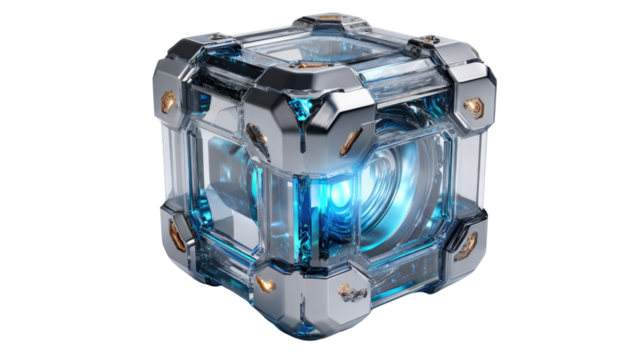 Futuristic Cube Design: A modern, metallic cube glows with a vibrant blue energy core. The image highlights cutting-edge design, technological prowess, and an air of futuristic innovation. - Powered by Adobe
