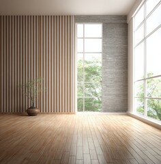 A spacious, minimalist interior room featuring a wooden wall paneling, stone wall section, and large windows overlooking a verdant landscape.