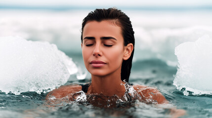 Woman practices cold water immersion therapy in icy ocean. Natural cryotherapy treatment for health benefits, immune system boost and mental resilience. Winter wellness ritual promotes vitality.
