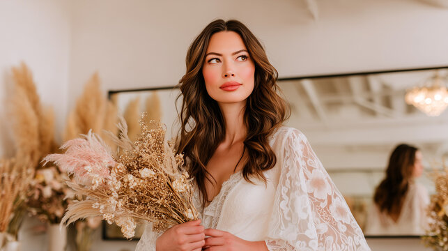 Elegant bride in white lace boho dress holding dried flowers bouquet with pampas grass in bridal salon. Beautiful wedding portrait with mirror background for ceremony preparation.