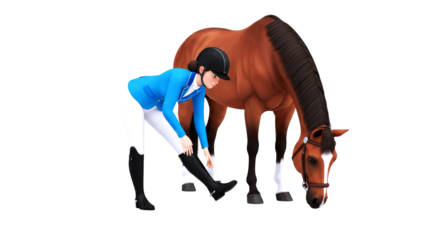 3d cartoon equestrian riders gentle preride stretch, chestnut horse, teamwork, athletic grace, isolated on transparent background