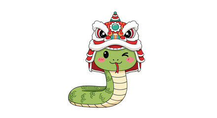 Fototapeta premium Adorable green snake wearing traditional chinese dragon dance costume winking happily during celebration
