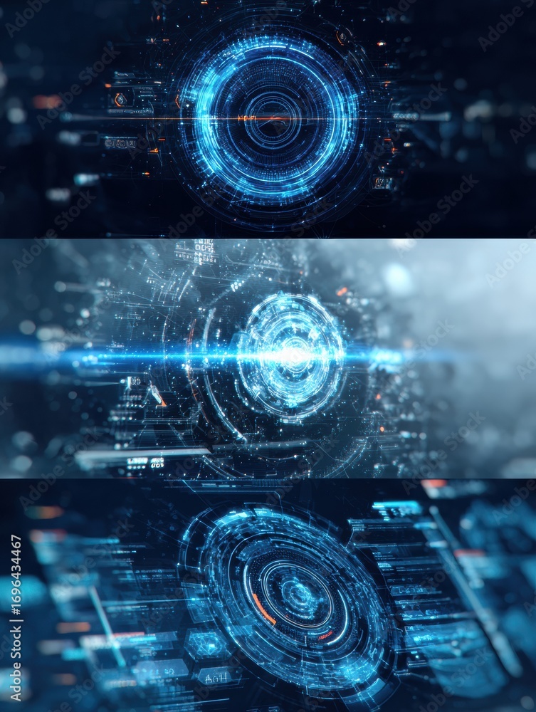 Poster digital interface designs showcasing futuristic technology and data visualization in a cyber environ