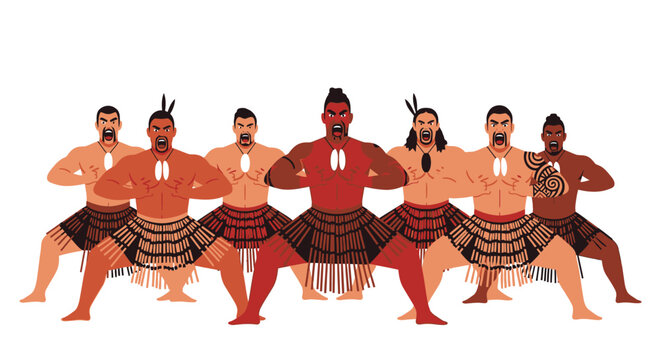 Group of Maori Warriors Performing Haka Dance with Fierce Expressions