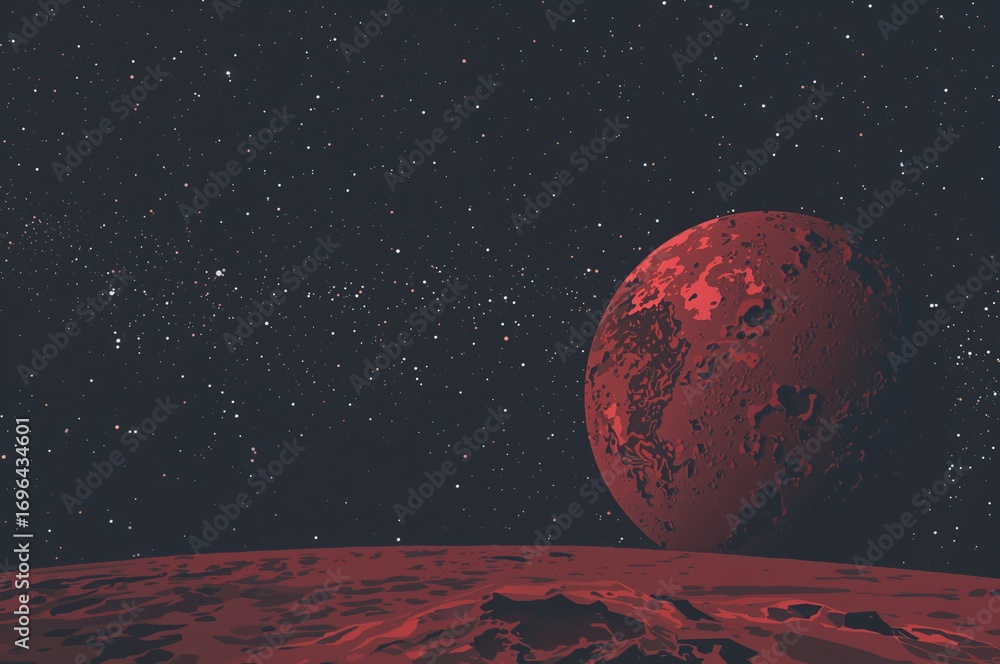 Poster 2d depiction of a rocky extraterrestrial terrain with craters and cosmic elements. celestial backdro