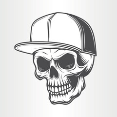 Skull with a baseball cap, front view, isolated on white background