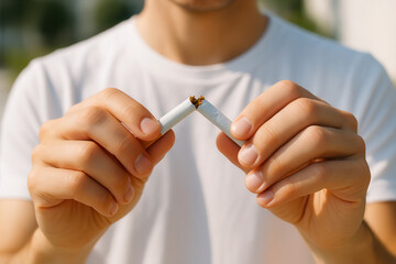 Concept of quitting smoking: close-up of person breaking cigarette for health awareness and anti-smoking campaigns