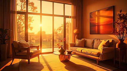 Elegant living room with soft beige sofa and chair, bathed in orange sunset light, paired with modern artwork and vases for a romantic and cozy atmosphere.