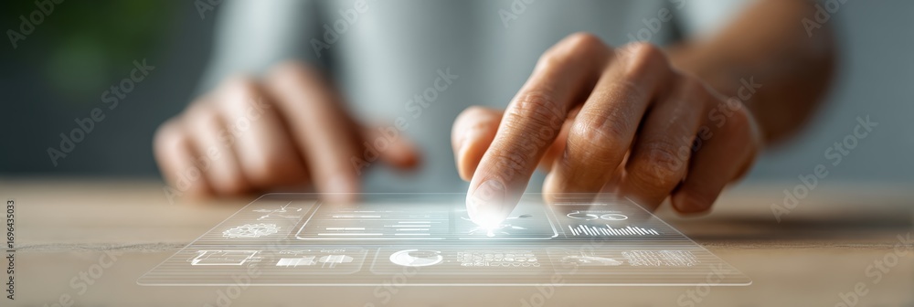 Poster professional working with transparent digital tablet, revealing holographic data visualization, repr