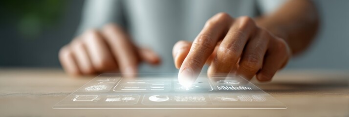 Professional working with transparent digital tablet, revealing holographic data visualization, representing cutting edge corporate technological integration and interactive workplace innovation