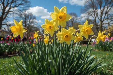 Springtime daffodils blossoming during Easter under bright sunlight