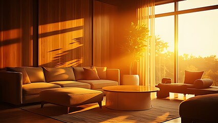 Warm cozy living room glowing with golden sunset light, featuring soft beige sectional sofa, round wooden table, and large glass windows for a serene evening mood.