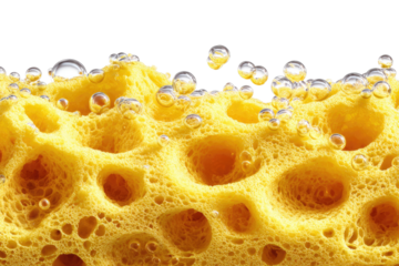 Close-up of a yellow porous sponge,  bubbles of water clinging to its surface