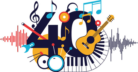 Obraz premium Vibrant celebration of music and sound with number 40 and instruments.