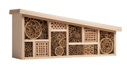 Insect hotel made of wood with various compartments and textures  