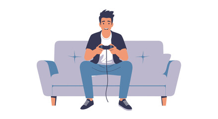 Smiling young man playing video games, sitting on a couch, holding a black wired controller