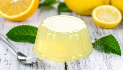 Fresh Lemon Jelly with Mint Leaves and Slices on Rustic Wood Table