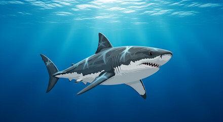 Naklejka premium Great White Shark Swimming in the Ocean Majestic Predator in Deep Blue