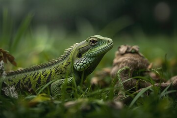 Fototapeta premium Detailed view of a reptile showcasing its patterned skin amidst lush greenery