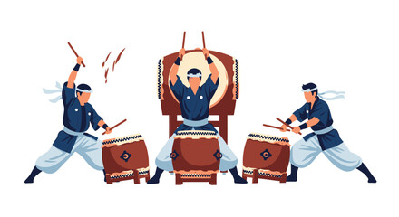 Three Taiko Drummers Performing with Sticks on Traditional Drums