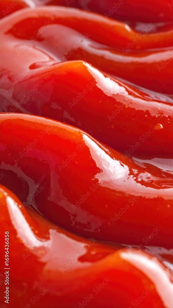 Poster close-up view of smooth and glossy red condiment sauce on surface