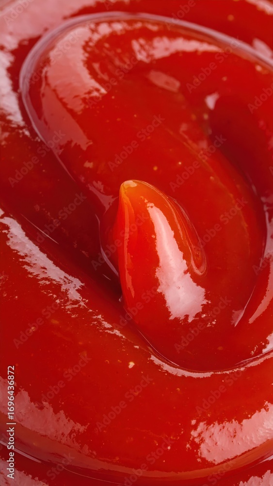 Poster close-up view of smooth red ketchup droplet on textured surface