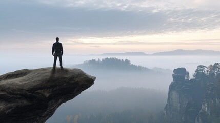 Man Standing on Cliff Top Looking Out, Symbolizing Success, Vision and Adventure Spirit, Suitable for Inspirational, Business Scenarios