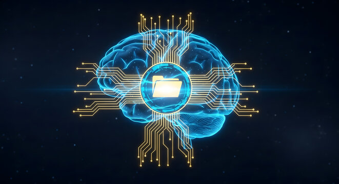 Futuristic Holographic AI Brain with Digital Folder, Data Circuits, Cloud Storage, Cybersecurity, DNA Integration, and Sci-Fi Neural Networks Concept Art