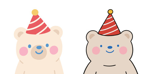 A set of two cute cartoon polar bears wearing red and white striped party hats, perfect for birthdays, celebrations, and festive events.