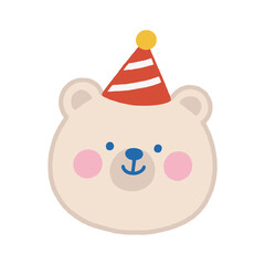 A cute and cheerful headshot of a cartoon polar bear wearing a striped party hat, ideal for birthday invitations and festive designs.