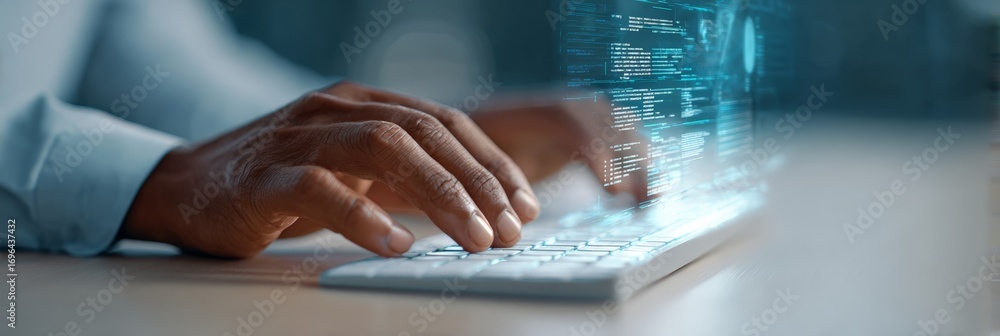 Poster close up of hands typing code on illuminated keyboard, developing artificial intelligence algorithms