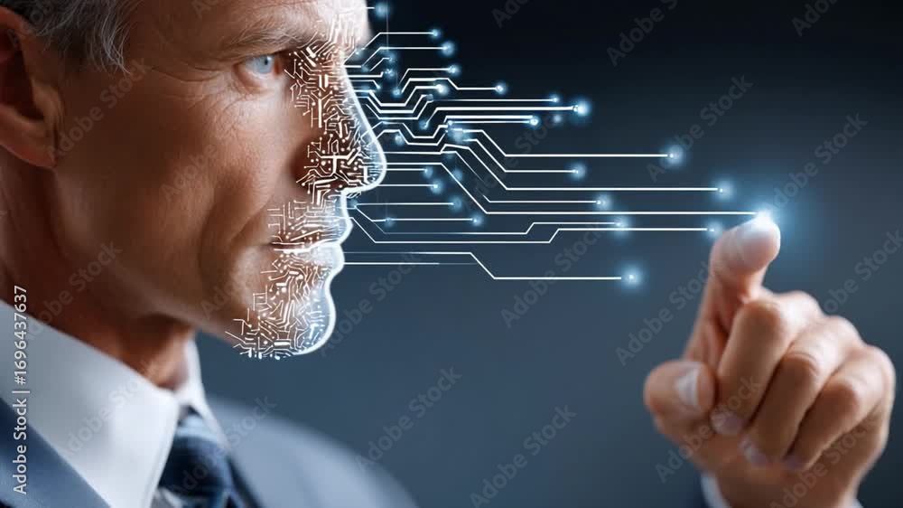 Poster digital age cognitive enhancement: a close-up portrait of a man with his face overlaid with a digita