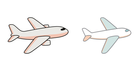 Two simple cartoon illustrations of an airplane, different colors and styles, representing travel, holidays, and aviation themes on a white background
