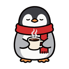 Cute cartoon penguin wearing a red scarf, holding and sipping a mug of hot chocolate, cozy and warm winter holiday theme illustration