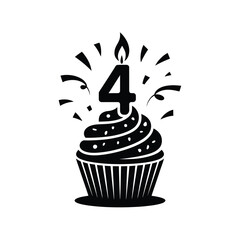 Birthday cupcake with number four candle and confetti celebration