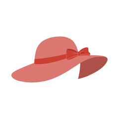 Stylish illustration of a classic wide-brimmed sun hat in a salmon pink color with a decorative red bow, perfect for fashion and summer themes