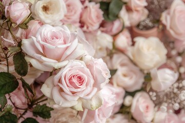 Obraz premium Soft pastel floral card with delicate blooming roses and festive flower wall background