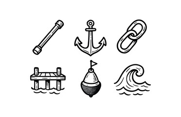 Obraz premium hand drawn cute doodle style line isolated on white background steel shank anchor heavy harbor pier buoy float tide wave