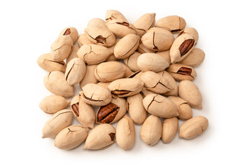 Pecan-nut in a shell isolated on white background. Top view.