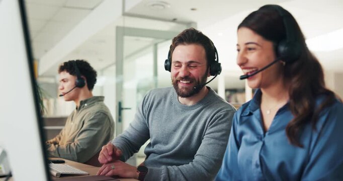 High five, coworkers and people with headset in call center, communication or celebration for sales. Talking, agent and team with mic for consultation with contact, success and excited with tech