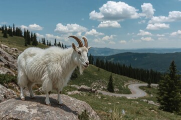 Naklejka premium Mountain goat standing near a roadway with hills behind
