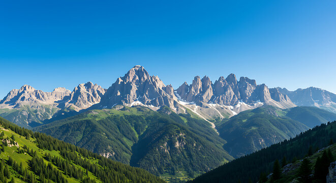 Scenic mountain landscape background, clear blue sky, realistic nature view, professional stock photo style